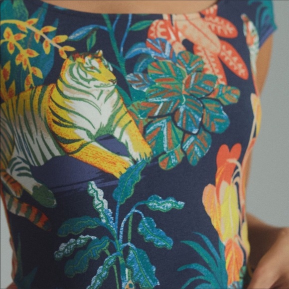 Anthro Maeve Tiger Jungle Print Top Off-Shoulder Knit Jungle Print - Picture 3 of 12